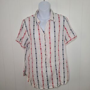 Lemon Grass Top Womens Medium Striped Red White Blue Button Up Stretch Summer